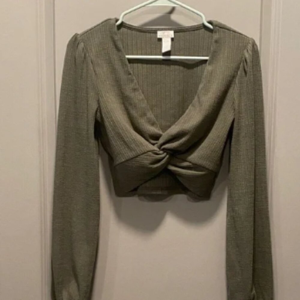 Olive Green Long Sleeve Twist Front Top